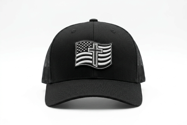Black Hat with Flag and Cross White Leather Patch Hat